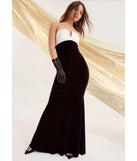 Celebrate in style with the Marnie Strapless Satin Bow Velvet Column Formal Dress, a black formal wedding guest dress featuring an elegant silhouette and luxe details, perfect for a black-tie celebration.