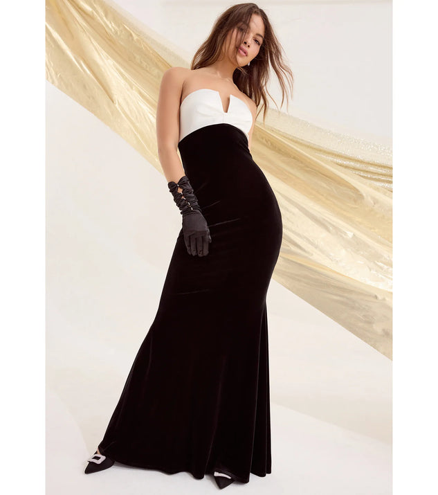 Celebrate in style with the Marnie Strapless Satin Bow Velvet Column Formal Dress, a black formal wedding guest dress featuring an elegant silhouette and luxe details, perfect for a black-tie celebration.