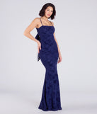 Make a bold statement in the Jaymie Tie-Back Floral Velvet Mermaid Formal Dress in navy blue, the perfect spring dress for weddings, cocktail hours, nights out, and/or seasonal celebrations.