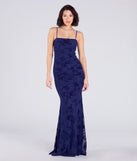 Make a bold statement in the Jaymie Tie-Back Floral Velvet Mermaid Formal Dress in navy blue, the perfect spring dress for weddings, cocktail hours, nights out, and/or seasonal celebrations.