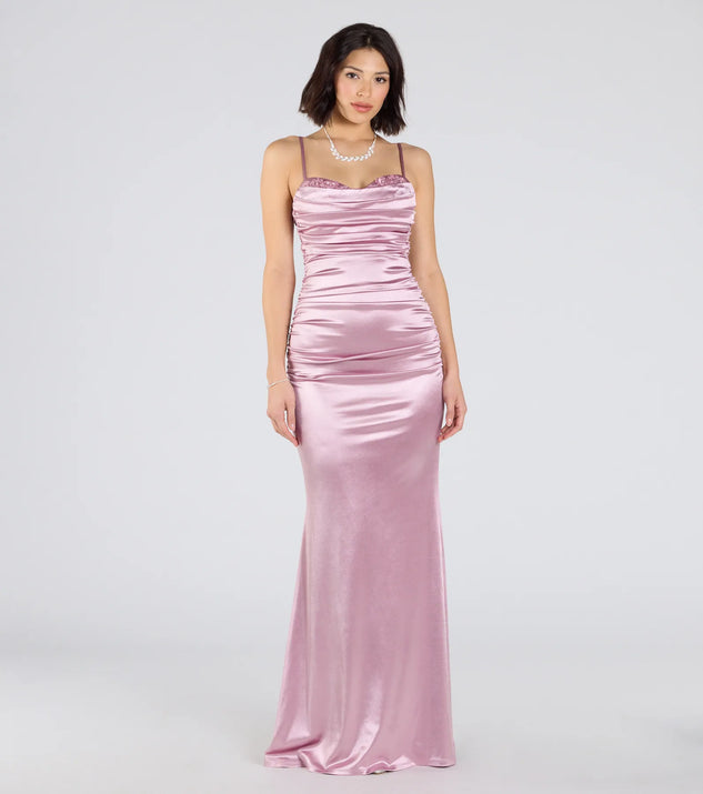 The Shondra Sweetheart Applique Satin Mermaid Dress in luxe mauve fabric, a stunning prom dress with statement details designed to make a bold impression at Prom 2025.