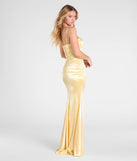 The Shondra Sweetheart Applique Satin Mermaid Dress in luxe yellow fabric, a stunning prom dress with statement details designed to make a bold impression at Prom 2025.