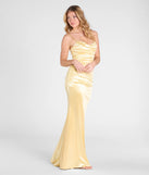 The Shondra Sweetheart Applique Satin Mermaid Dress in luxe yellow fabric, a stunning prom dress with statement details designed to make a bold impression at Prom 2025.