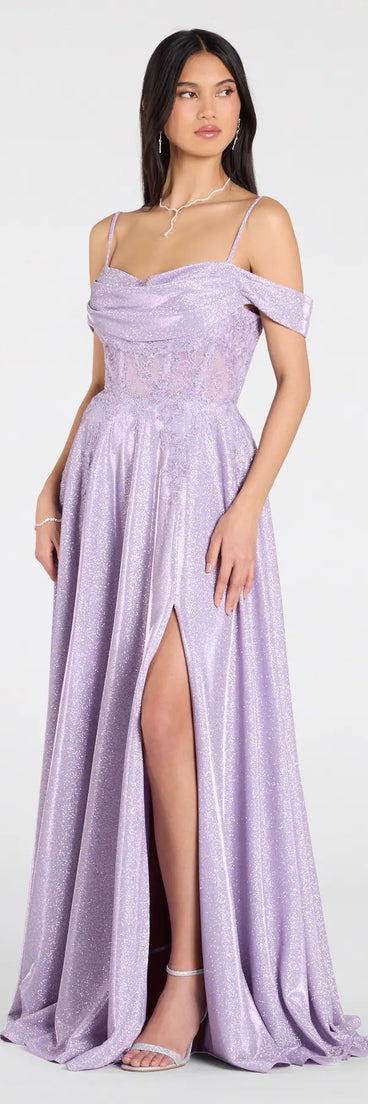 Own the spotlight in the Skyler Glitter Woven Corset A-Line Formal Dress, a lavender formal dress crafted to deliver luxe style for summer weddings, Army Balls, or any special event.