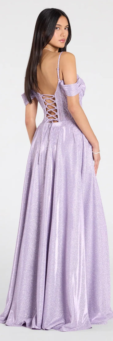 Turn heads at Prom 2025 in this lavender prom dress, where statement-making details meet the iconic style of the Skyler Glitter Woven Corset A-Line Formal Dress.