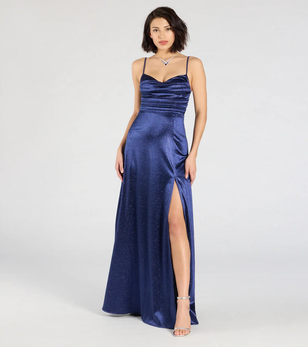 Shop Windsor Ashtyn Glitter Satin High Slit A-Line Formal Dress Online – Trendy & Affordable Fashion