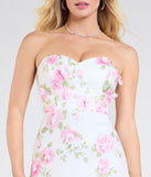 Make a bold statement in the Robin Strapless Lace-Up Floral Mermaid Formal Dress in ivory, the perfect spring dress for weddings, cocktail hours, nights out, and/or seasonal celebrations.