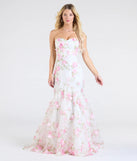 Make a bold statement in the Robin Strapless Lace-Up Floral Mermaid Formal Dress in ivory, the perfect spring dress for weddings, cocktail hours, nights out, and/or seasonal celebrations.
