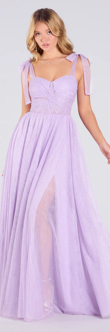 Make a bold statement in the Ellery Glitter Tulle A-Line Formal Dress in lavender, the perfect fall dress for weddings, cocktail hours, nights out, and/or seasonal celebrations.