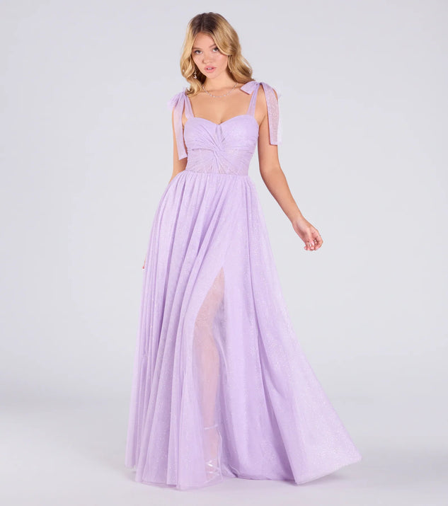 Make a bold statement in the Ellery Glitter Tulle A-Line Formal Dress in lavender, the perfect spring dress for weddings, cocktail hours, nights out, and/or seasonal celebrations.