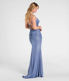 Step into the Prom 2025 dance in the Brigitta Glitter Lace-Up Mermaid Dress in denim, a stunning blue prom dress designed to complement any theme with its timeless allure and statement-making style.