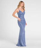 The Brigitta Glitter Lace-Up Mermaid Dress in luxe denim fabric, a stunning prom dress with statement details designed to make a bold impression at Prom 2025.