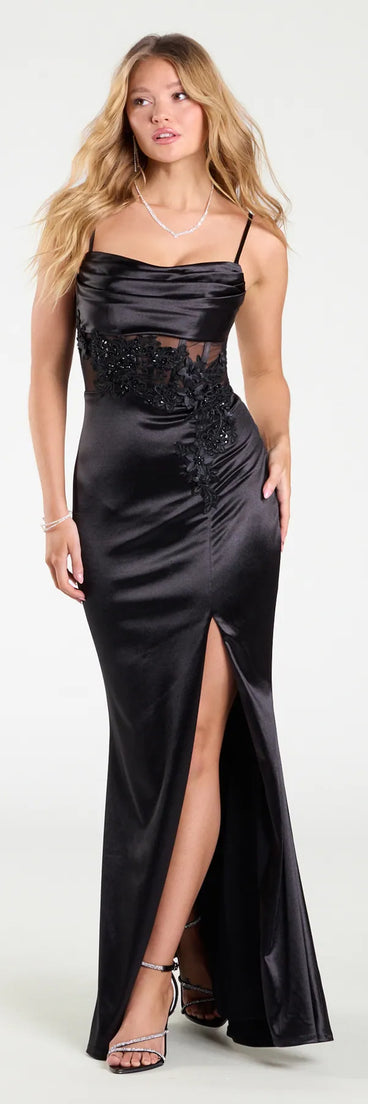 Own the spotlight in the Caitlin Sequin Applique Slit Mermaid Satin Formal Dress, a black formal dress crafted to deliver luxe style for autumn weddings, Military Balls, or any special event.