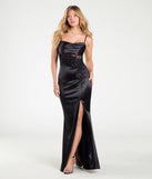 The Caitlin Sequin Applique Slit Mermaid Satin Formal Dress in luxe black fabric, a stunning prom dress with statement details designed to make a bold impression at Prom 2025.