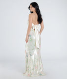 Make a bold statement in the Angelina Satin Tie-Back Floral Sequin Formal Dress in ivory, the perfect spring dress for weddings, cocktail hours, nights out, and/or seasonal celebrations.