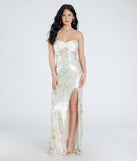 Make a bold statement in the Angelina Satin Tie-Back Floral Sequin Formal Dress in ivory, the perfect spring dress for weddings, cocktail hours, nights out, and/or seasonal celebrations.