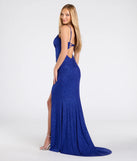 Step into the Prom 2025 dance in the Rhonda Strappy Back Slit Glitter Formal Dress in royal, a stunning blue prom dress designed to complement any theme with its timeless allure and statement-making style.