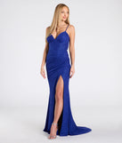 The Rhonda Strappy Back Slit Glitter Formal Dress in luxe royal blue fabric, a stunning prom dress with statement details designed to make a bold impression at Prom 2025.
