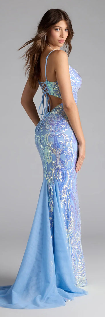 Own the spotlight in the Ilse Sequin Mesh Lace-Up Mermaid Dress, a light blue formal dress crafted to deliver luxe style for autumn weddings, Military Balls, or any special event.