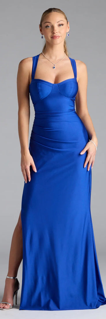 Feel instantly put-together in the Whitney Lace-Up Slit Formal Dress in royal blue, a stylish wedding guest dress designed for confident style and all-out celebration.