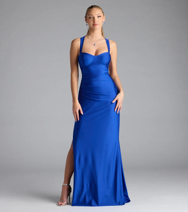 Turn heads at Prom 2025 in this royal blue prom dress, where statement-making details meet the iconic style of the Whitney Lace-Up Slit Formal Dress.