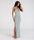 The Ayla Lace-Up Slit Mermaid Glitter Formal Dress in luxe sage green fabric, a stunning prom dress with statement details designed to make a bold impression at Prom 2025.