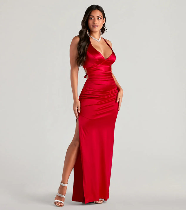 red satin lace up dress Sexy Sweetheart Sleeveless Silk Like Satin Lace Up Back Prom Dresses With High Split