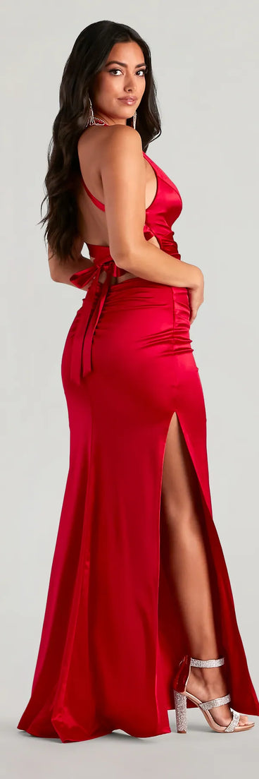 Windsor Jamie Lace-Up Satin Formal Column Dress in Ivory | Size: M | Knit Fabric/Satin Fabric