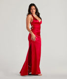 The Jamie Lace-Up Satin Formal Dress in luxe red fabric, a stunning prom dress with statement details designed to make a bold impression at Prom 2025.