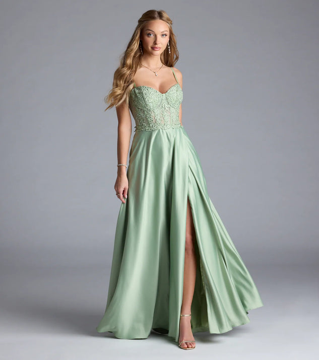 Turn heads at Prom 2025 in this sage green prom dress, where statement-making details meet the iconic style of the Antonina Sweetheart Corset A-Line Satin Formal Dress.