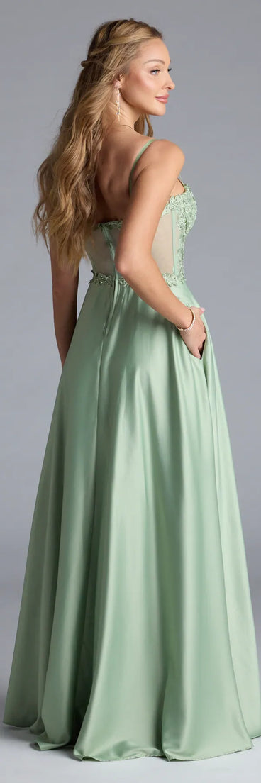 Turn heads at Prom 2025 in this sage green prom dress, where statement-making details meet the iconic style of the Antonina Sweetheart Corset A-Line Satin Formal Dress.