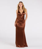 Make a bold statement in the Jamie Lace-Up Satin Formal Column Dress in brown, the perfect spring dress for weddings, cocktail hours, nights out, and/or seasonal celebrations.