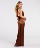 Make a bold statement in the Jamie Lace-Up Satin Formal Column Dress in brown, the perfect spring dress for weddings, cocktail hours, nights out, and/or seasonal celebrations.