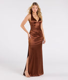Make a bold statement in the Jamie Lace-Up Satin Formal Column Dress in brown, the perfect spring dress for weddings, cocktail hours, nights out, and/or seasonal celebrations.