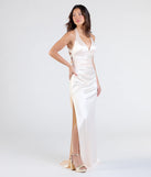 Feel instantly put-together in the Jamie Lace-Up Satin Formal Column Dress in ivory, a summer wedding guest dress designed for confident style and all-out celebration.