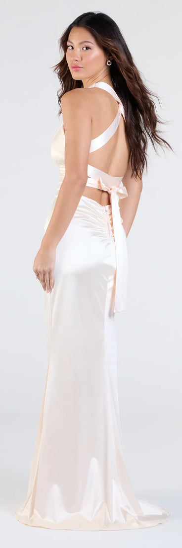 The Jamie Lace-Up Satin Formal Dress in luxe ivory fabric, a stunning prom dress with statement details designed to make a bold impression at Prom 2025.