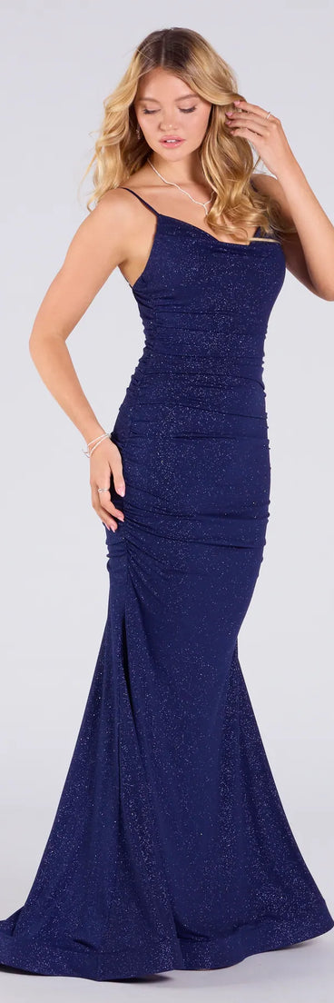 Feel instantly put-together in the Klarissa Cowl Neck Mermaid Glitter Formal Dress in navy blue, a stylish wedding guest dress designed for confident style and all-out celebration.