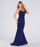 Make a bold statement in the Klarissa Cowl Neck Mermaid Glitter Formal Dress in navy blue, the perfect spring dress for weddings, cocktail hours, nights out, and/or seasonal celebrations.