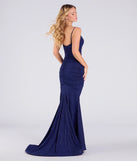 Make a bold statement in the Klarissa Cowl Neck Mermaid Glitter Formal Dress in navy blue, the perfect spring dress for weddings, cocktail hours, nights out, and/or seasonal celebrations.