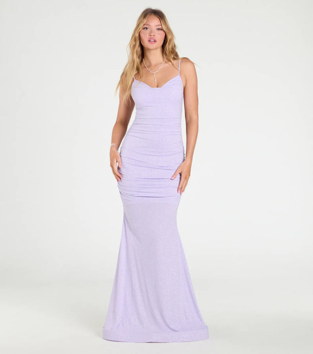 The Klarissa Cowl Neck Mermaid Glitter Formal Dress in luxe lavender fabric, a stunning prom dress with statement details designed to make a bold impression at Prom 2025.