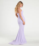 The Klarissa Cowl Neck Mermaid Glitter Formal Dress in luxe lavender fabric, a stunning prom dress with statement details designed to make a bold impression at Prom 2025.