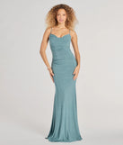 Turn heads at Prom 2025 in this sage green prom dress, where statement-making details meet the iconic style of the Patricia Cowl Neck Bodycon Glitter Formal Dress .