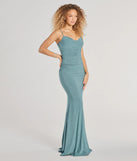 Step into Prom 2025 in a sage green prom dress, where unique Windsor accents and the standout Patricia Cowl Neck Bodycon Glitter Formal Dress style come together.