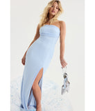 Feel instantly put-together in the Cindy Beaded Strapless Column Formal Dress in light blue, a summer wedding guest dress designed for confident style and all-out celebration.