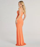Step into Prom 2025 in a orange prom dress, where unique Windsor accents and the standout Patricia Cowl Neck Bodycon Glitter Formal Dress style come together.