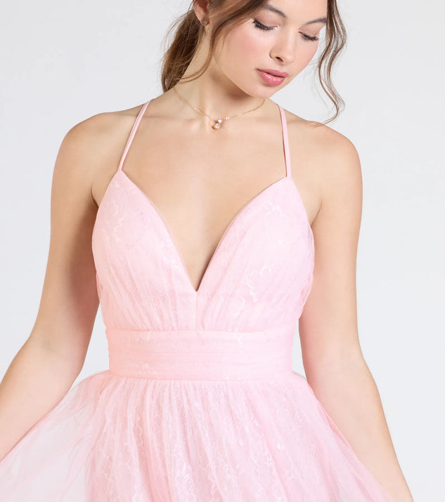 Own the spotlight in the Kimora Lace Tulle A-Line Formal Dress, a pink formal dress crafted to deliver luxe style for summer weddings, Army Balls, or any special event.