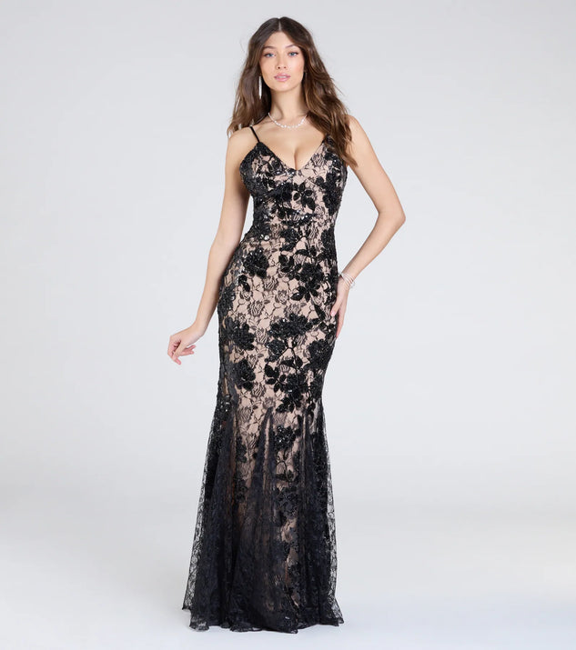 Turn heads at Prom 2025 in this black prom dress, where statement-making details meet the iconic style of the Naima V-Neck Mermaid Lace Sequin Formal Dress.
