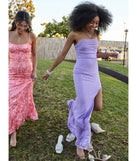 Make a bold statement in the Cindy Beaded Strapless Column Formal Dress in lavender, the perfect spring dress for weddings, cocktail hours, nights out, and/or seasonal celebrations.
