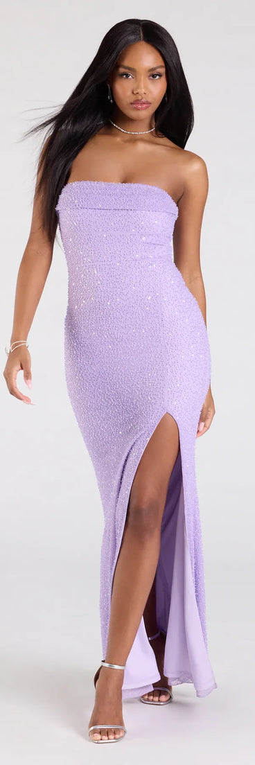 The Cindy Beaded Strapless Long Formal Dress in luxe lavender fabric, a stunning HOCO dress with statement details designed to make a bold impression at Homecoming 2025.