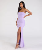 The Cindy Beaded Strapless Long Formal Dress in luxe lavender fabric, a stunning prom dress with statement details designed to make a bold impression at Prom 2025.